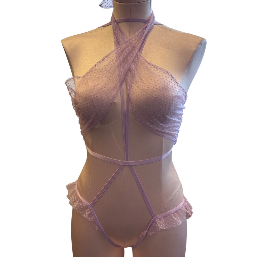 Victoria's Secret Purple Dotted Mesh Strappy Teddy Bodysuit XL NWT 11240751